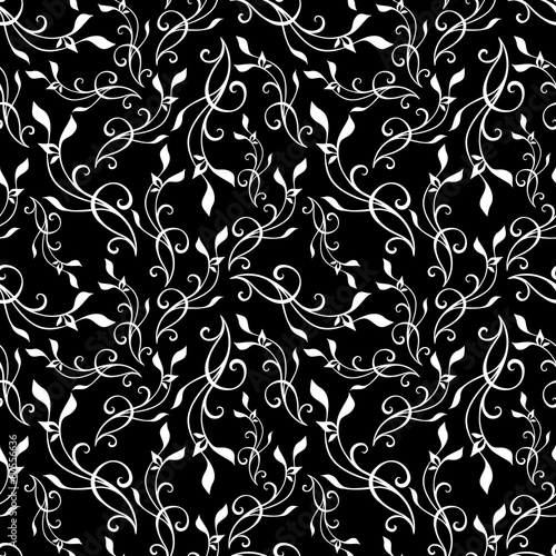 Vector Black White Swirl Branches Seamless Pattern