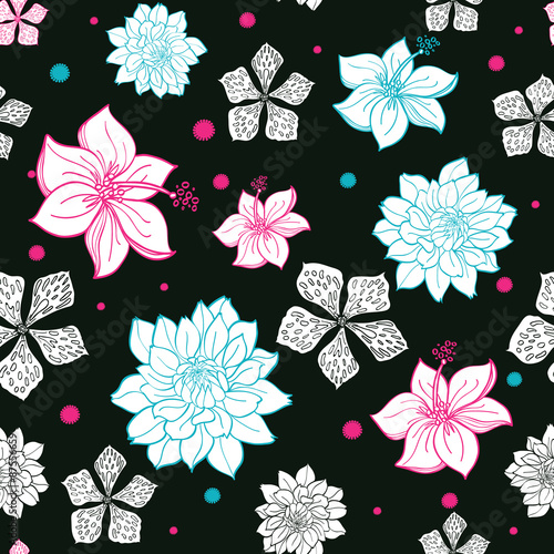 Vector Black Pink Blue Floral Drawing Seamless Pattern