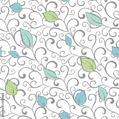 Vector Gray Green Blue Swirl Branches Leaves Seamless Pattern