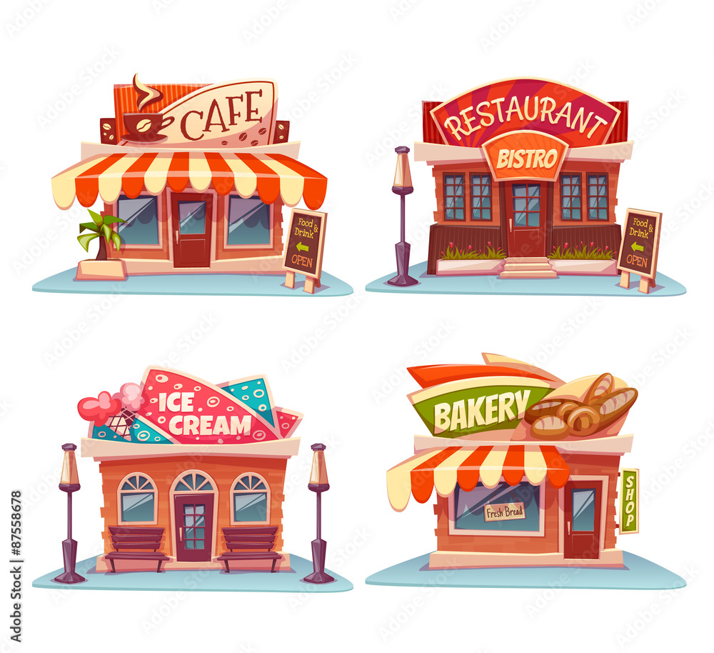 Cafe, restaurant, ice-cream shop and bakery. Vector set