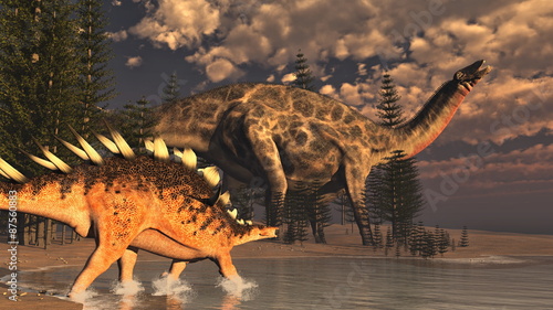 Fototapeta Naklejka Na Ścianę i Meble -  Dicraeosaurus and kentrosaurus dinosaurs - 3D render