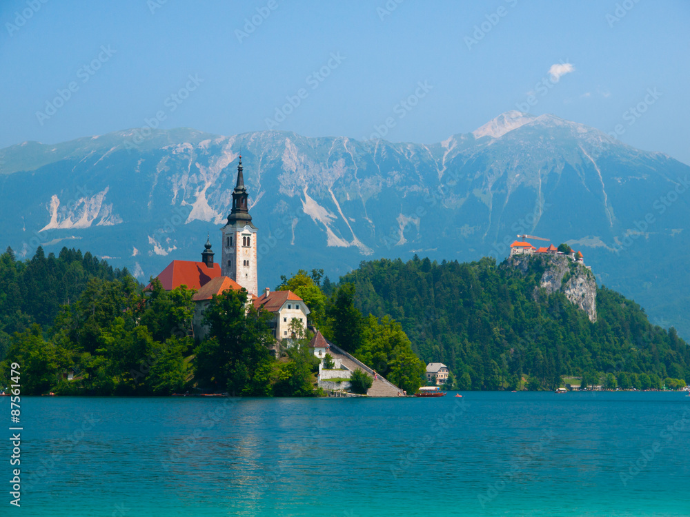 Bled lake with island church and castle