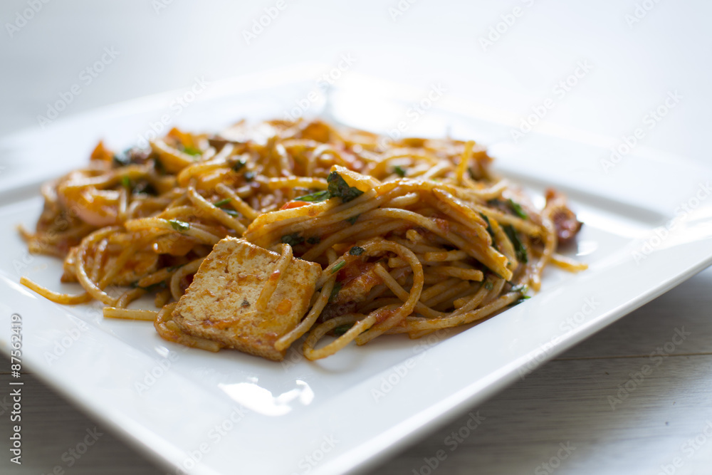 Vegan spaghetti with tofu and pepper delicious Vegan spaghetti with tofu and pepper delicious