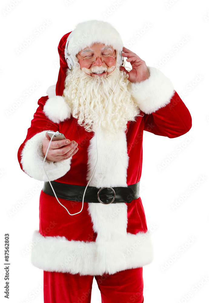 Santa Claus with headphones listening to music, isolated on white background