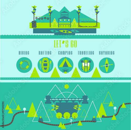 Outdoor Activity Equpment and Landscape.
Kayaking, Rafting, Camping, Hiking infografic set