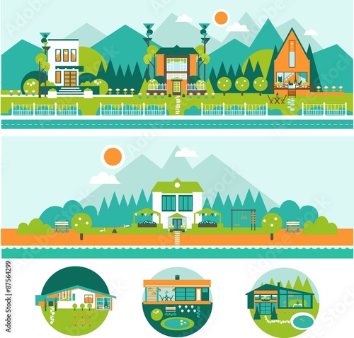 Tiny Green Houses and Resort area landscape vector set. Ecological style of living concept.