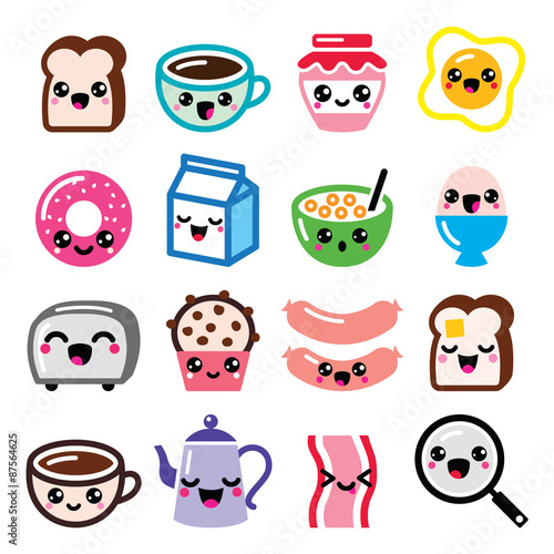 Kawaii breakfast food and beverages, cute vector icons set - toast, eggs, bacon, coffee   
