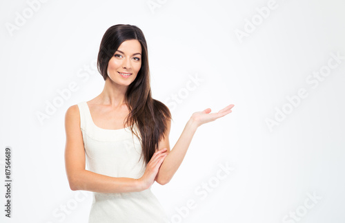Woman presenting copyspace on the palm