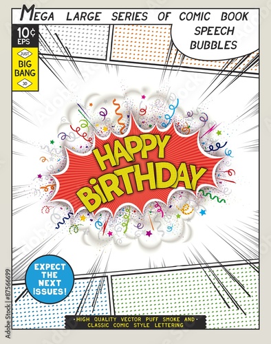 Happy birthday. Explosion in comic style with lettering and realistic puffs smoke.. 3D vector pop art speech bubble. CMYK