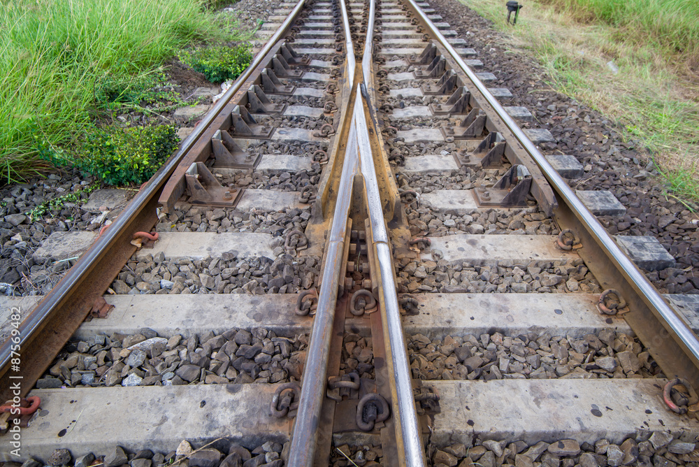 railroad tracks with railroad switch, two paths come together railroad tracks with railroad switch, two paths come together