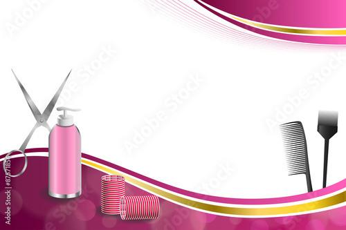 Background abstract pink hairdressing barber tools red curler scissors brush gold ribbon frame illustration vector
