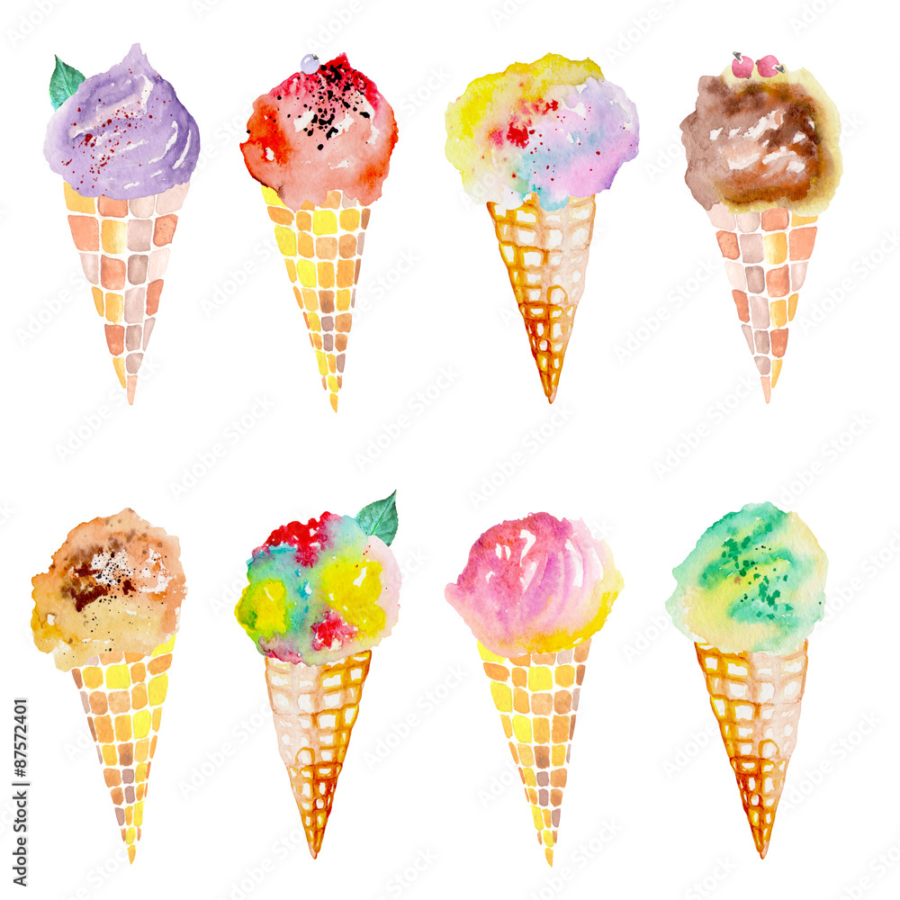 Set with bright, tasty and appetizing ice cream painted in watercolor on a white background