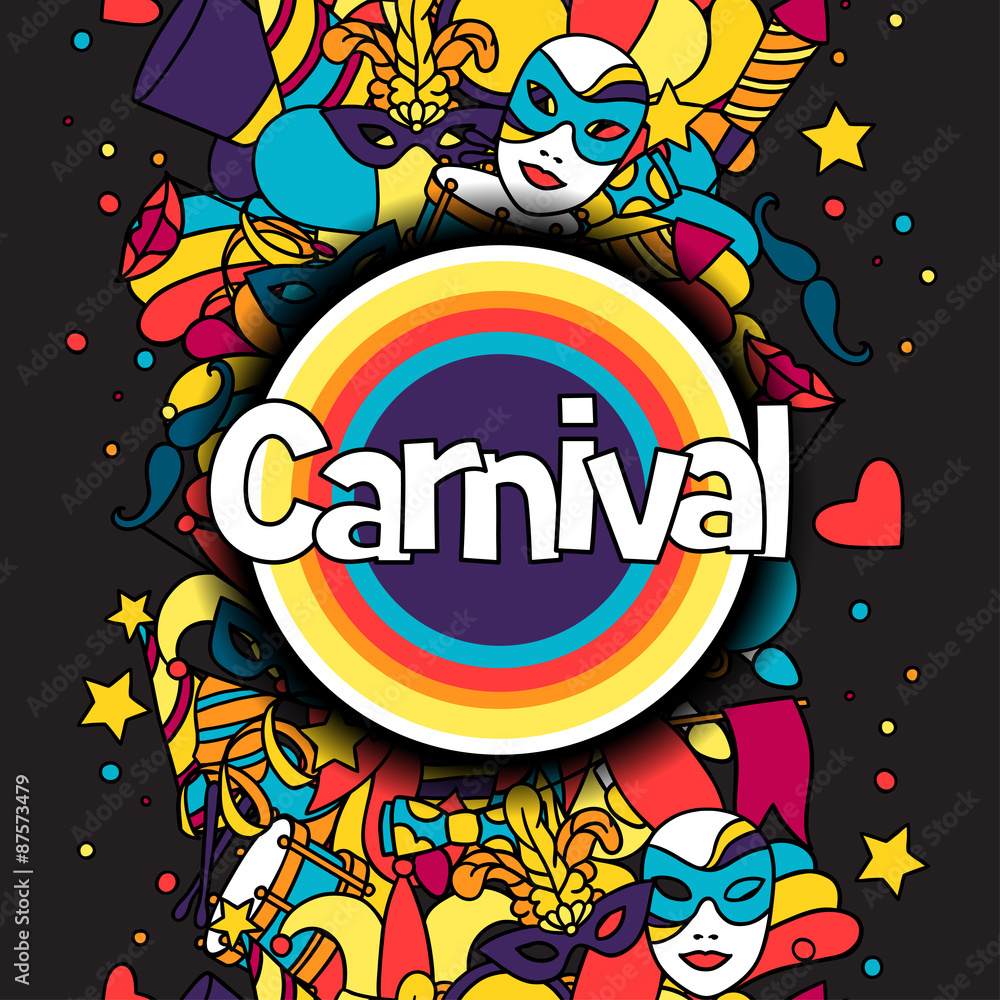Obraz premium Carnival show background with doodle icons and objects