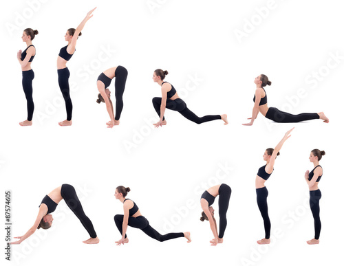 beautiful slim woman in yoga sun salutation sequence poses isola