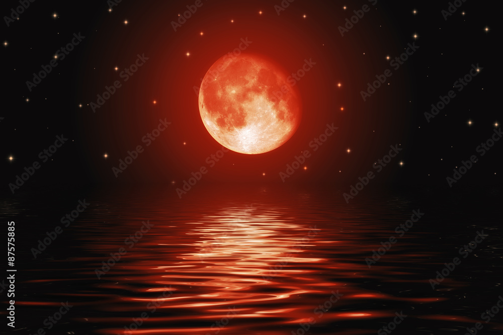 Obraz premium Big bloody red moon and stars