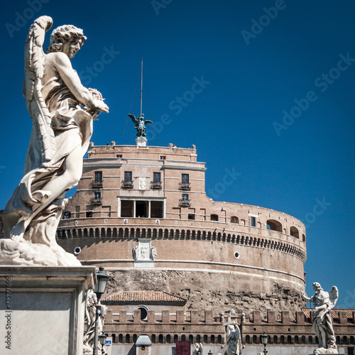 Castel Sant Angelo, Rome, Italy. A view over the Sant Angelo bridge which crosses the River Tiber from Rome city center to the Castel Sant'Angelo.