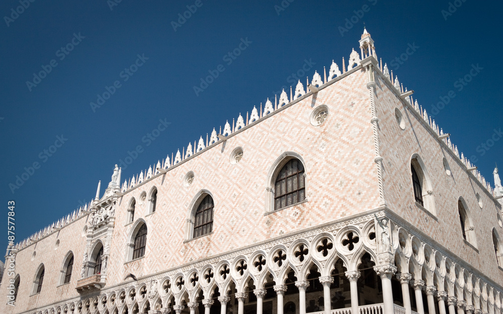 The Doge's Palace, Venice, Italy. A low, corner view of the Doge's Palace, a popular Venetian tourist attraction found in St. Mark's square.