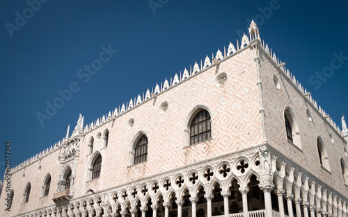 The Doge's Palace, Venice, Italy. A low, corner view of the Doge's Palace, a popular Venetian tourist attraction found in St. Mark's square. © pxl.store