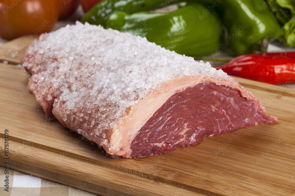 raw steak on wooden board