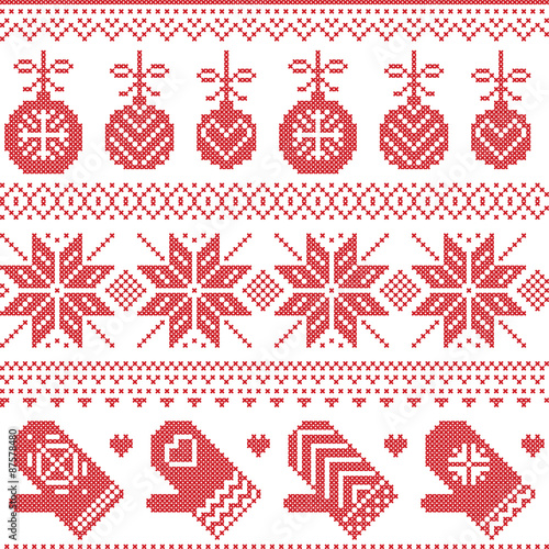 Scandinavian Nordic seamless Christmas pattern with Xmas baubles, gloves, stars, snowflakes, Xmas ornaments, snow element, hearts in red cross stitch
