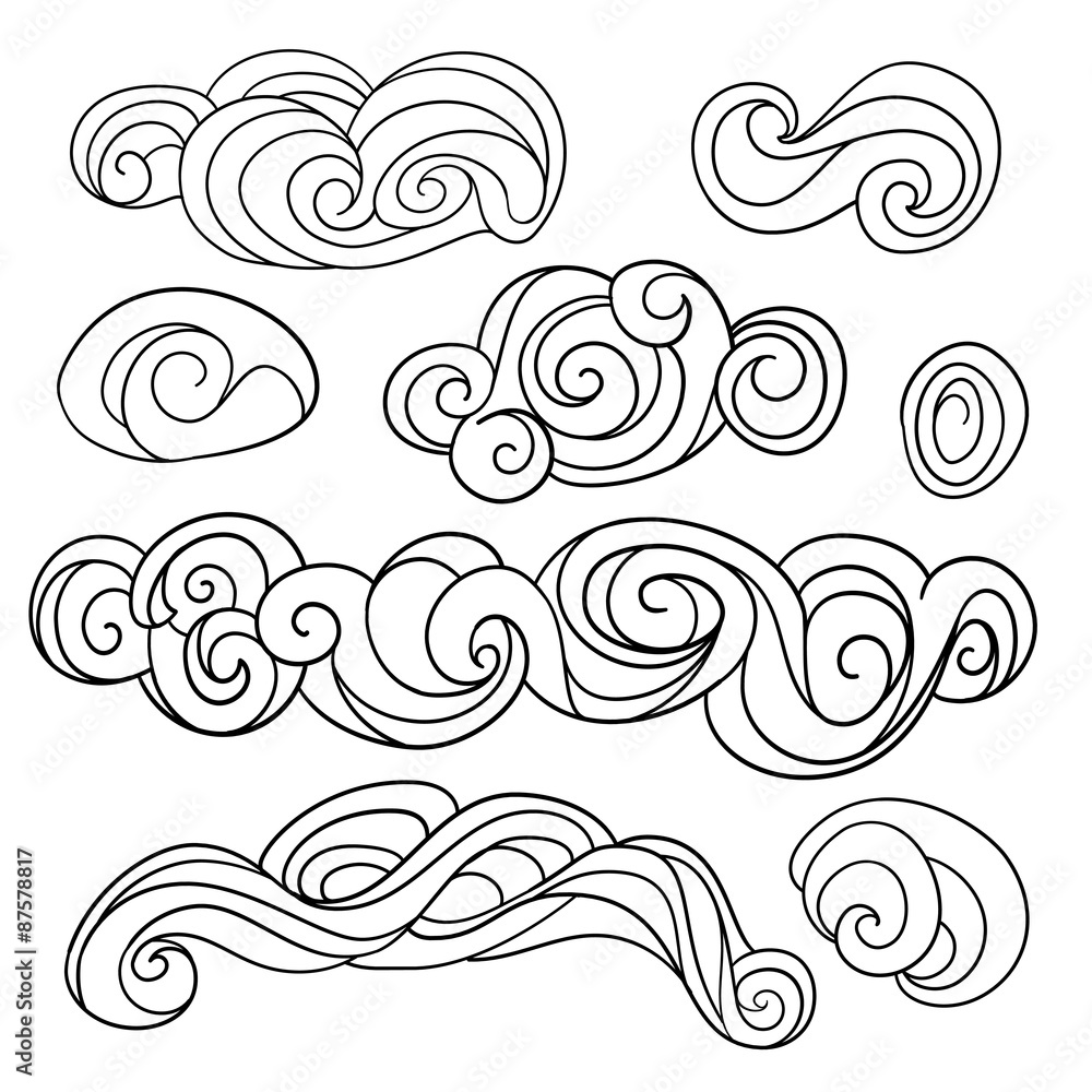 Weather twirl clouds icons set. Sketch vector hand drawn Weather twirl clouds icons set. Sketch vector hand drawn