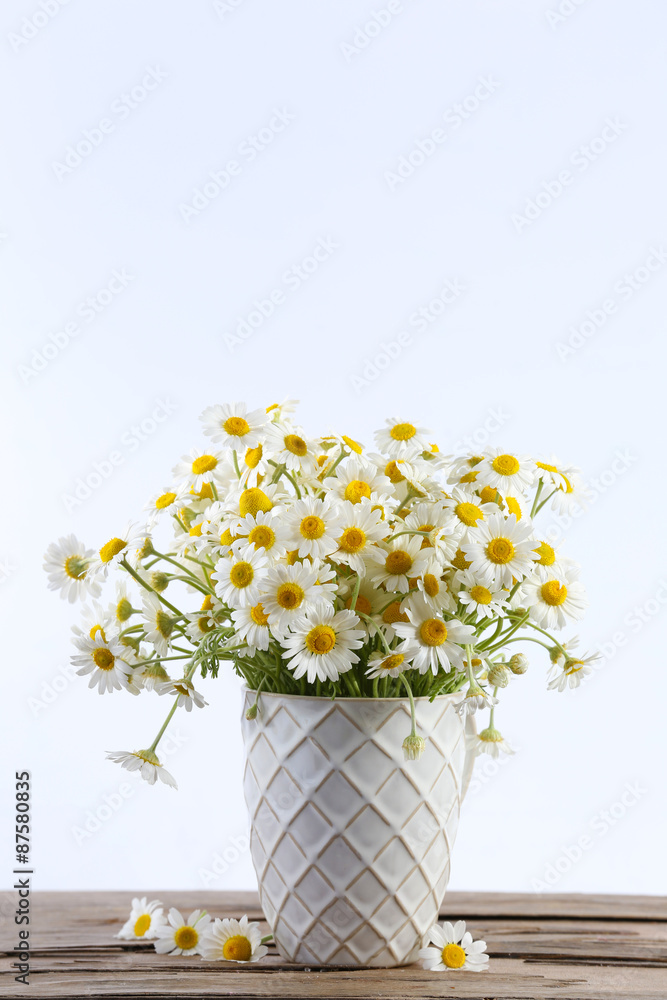 Beautiful bouquet of daisies in vase on light background