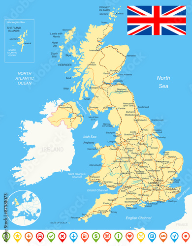 Map of Great Britain and flag - highly detailed vector illustration. 
