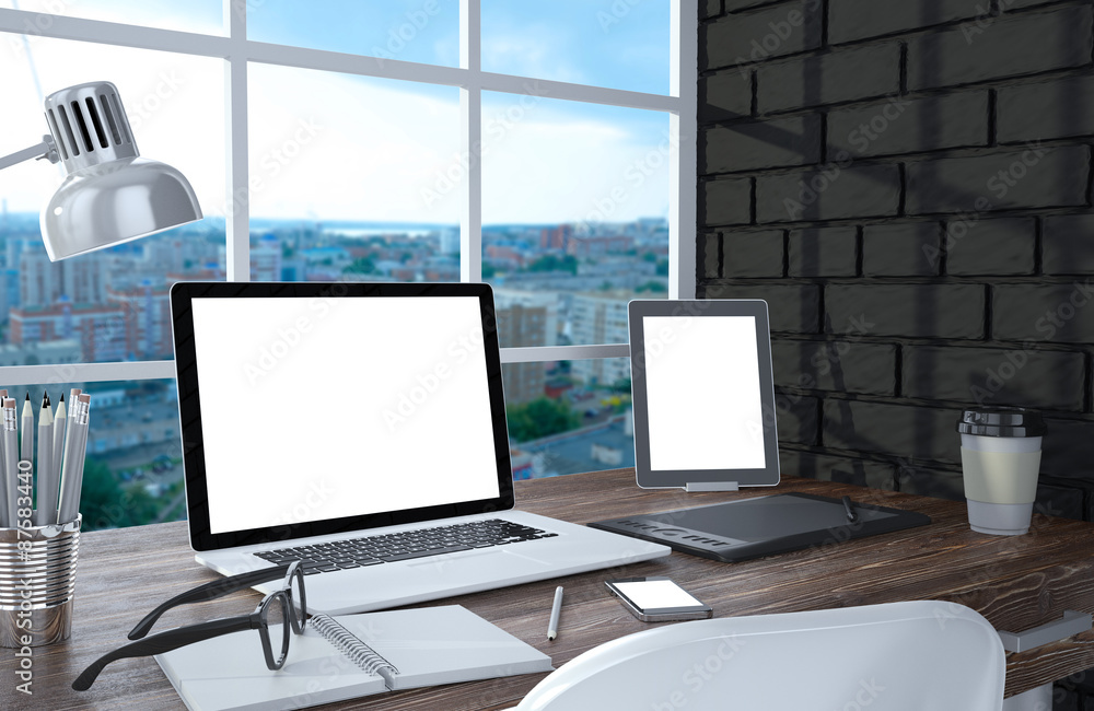 3D illustration laptopand work stuff on table near brick wall 3D illustration laptopand work stuff on table near brick wall