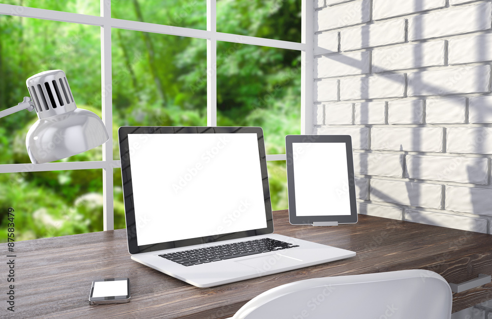 3D illustration laptopand work stuff on table near brick wall 3D illustration laptopand work stuff on table near brick wall