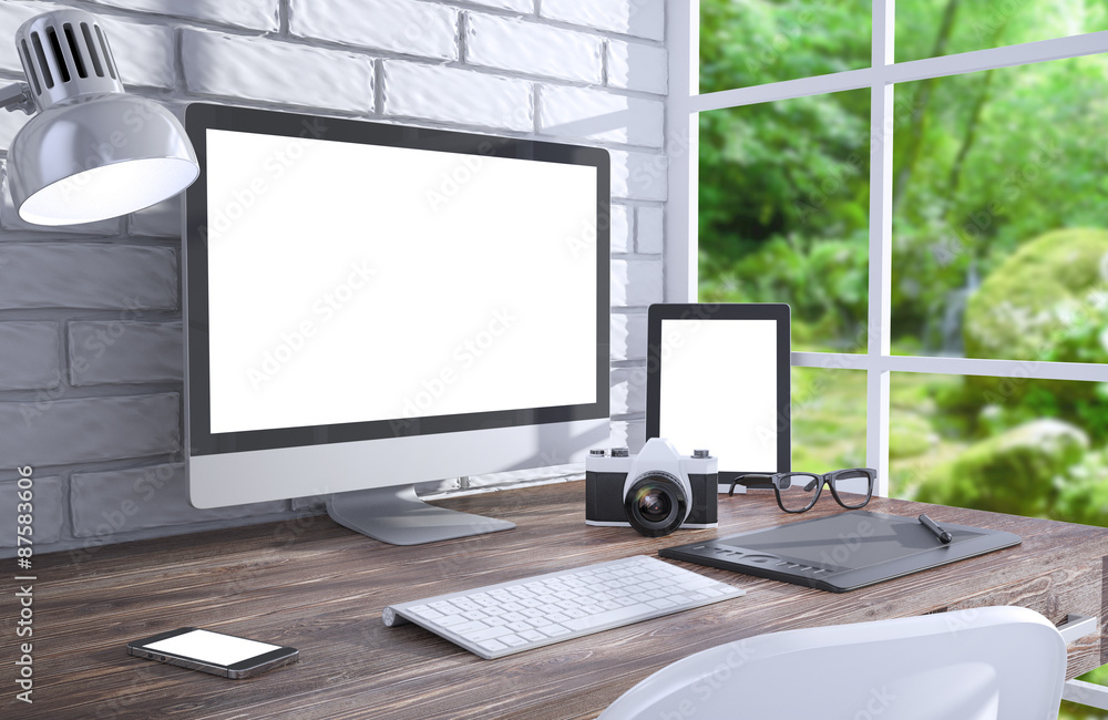 Fototapeta premium 3D illustration PC screen on table in office, Workspace