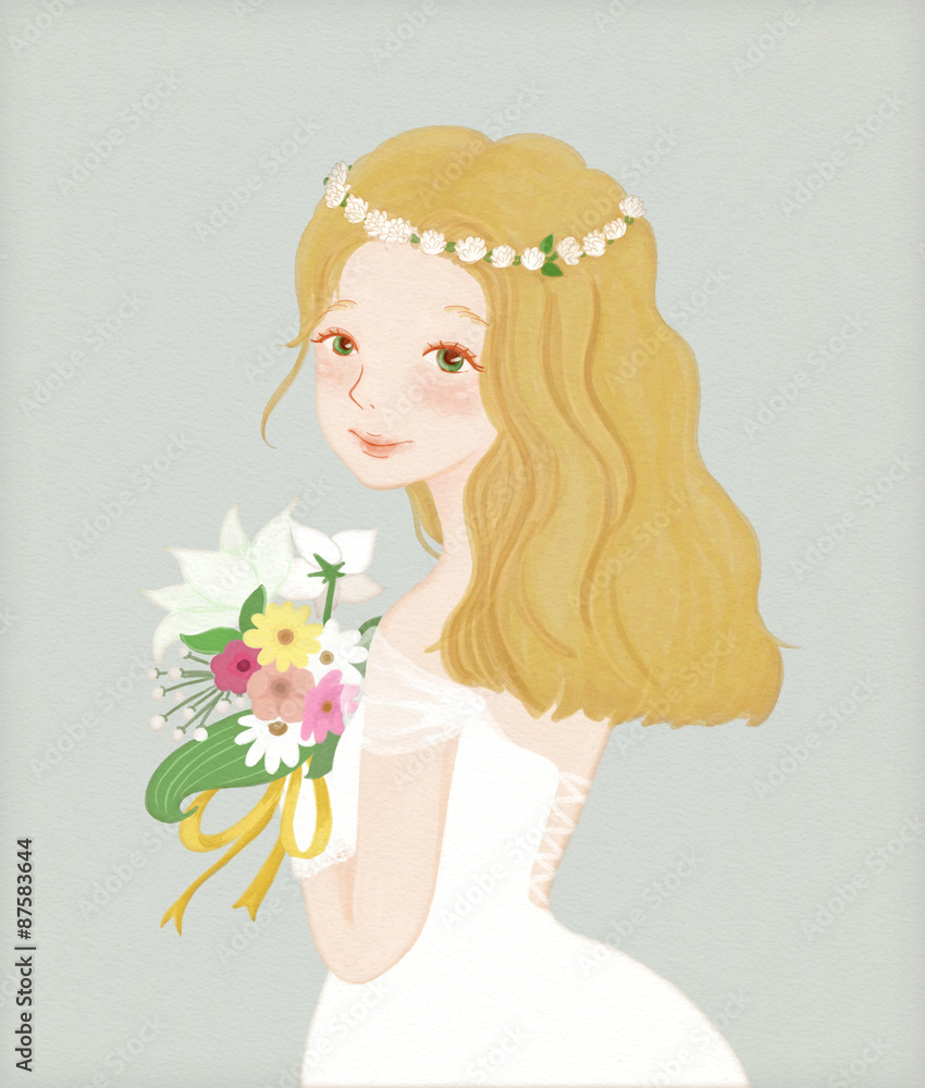 ブーケを持って白いドレスを着た花嫁の水彩画風の可愛いイラスト Stock イラスト Adobe Stock