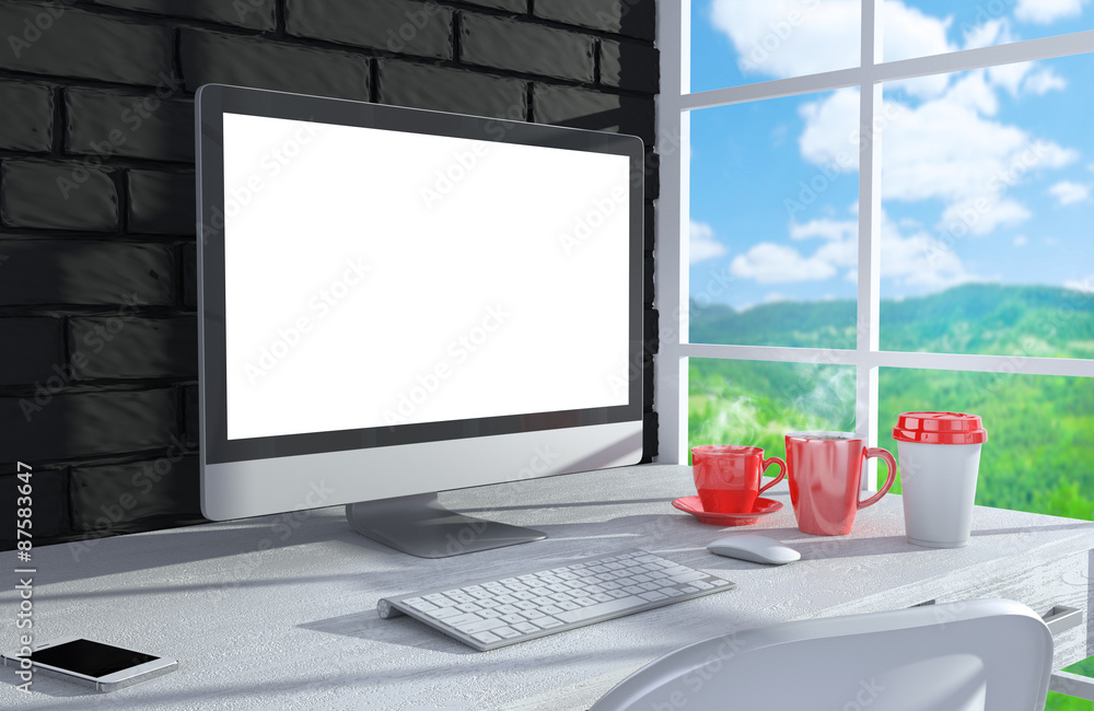 Fototapeta premium 3D illustration PC screen on table in office, Workspace