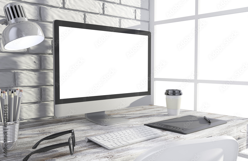 Fototapeta premium 3D illustration PC screen on table in office, Workspace