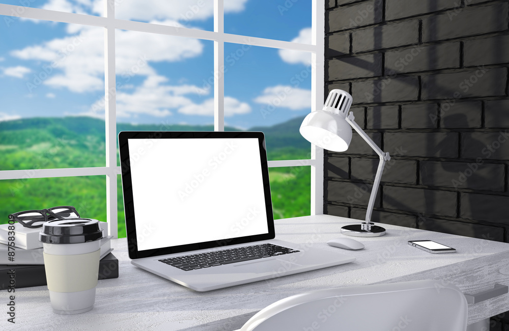 Fototapeta premium 3D illustration laptopand work stuff on table near brick wall