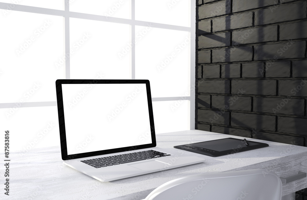 3D illustration laptopand work stuff on table near brick wall 3D illustration laptopand work stuff on table near brick wall