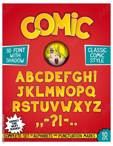 Complete set of alphabets and punctuation marks in comic style. Retro design as magazine cover. CMYK