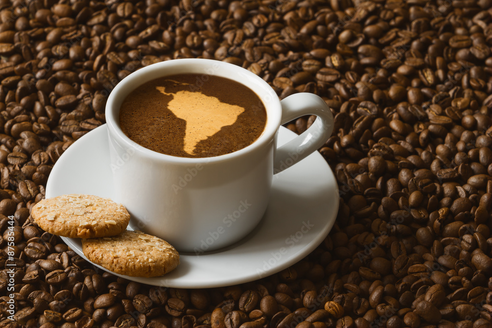 Still life - coffee with map of South America continent Still life - coffee with map of South America continent