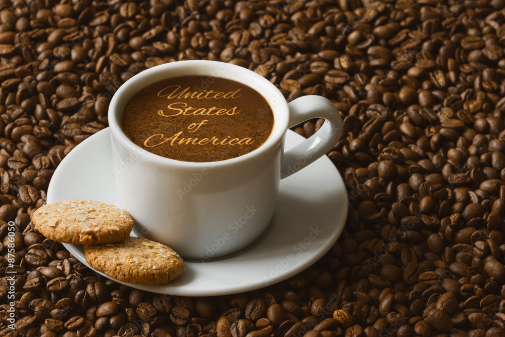 Naklejka premium Still life - coffee with text United States of America