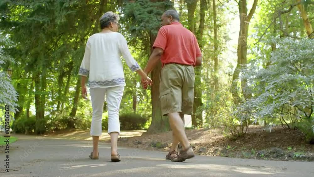 Mature Black Couple Holding Hands while Walking in a Park Mature Black Couple Holding Hands while Walking in a Park