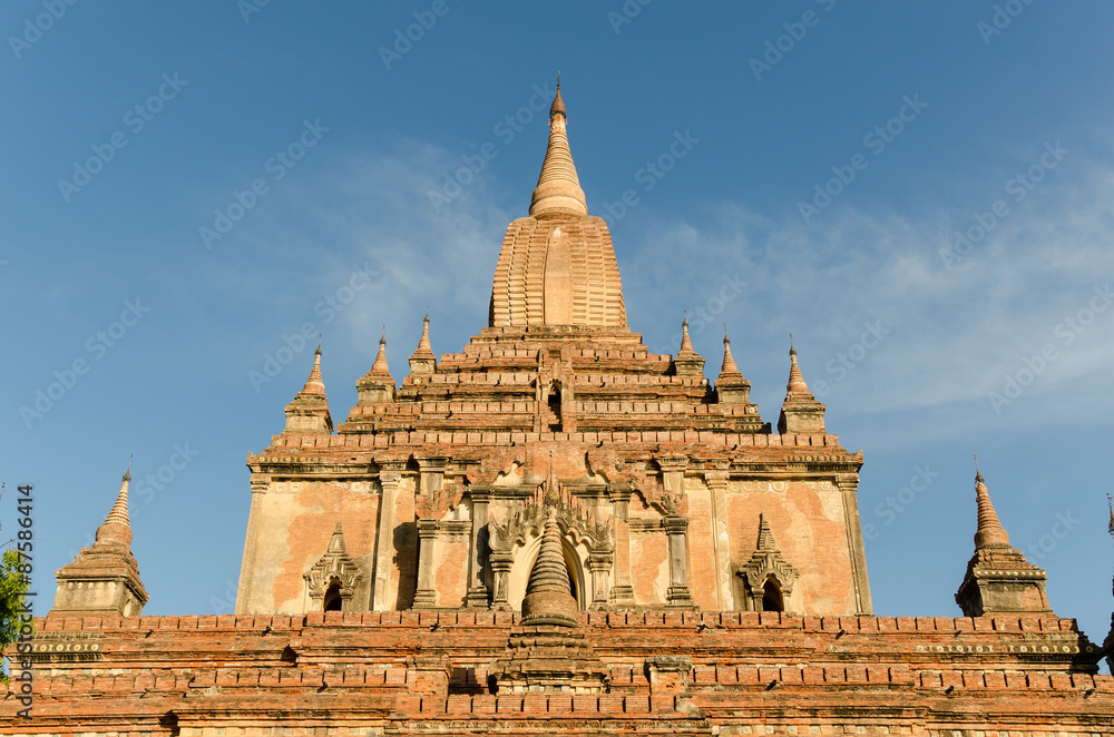 the front of ancient Htilo Minlo pagoda at dawn with blue sky bl