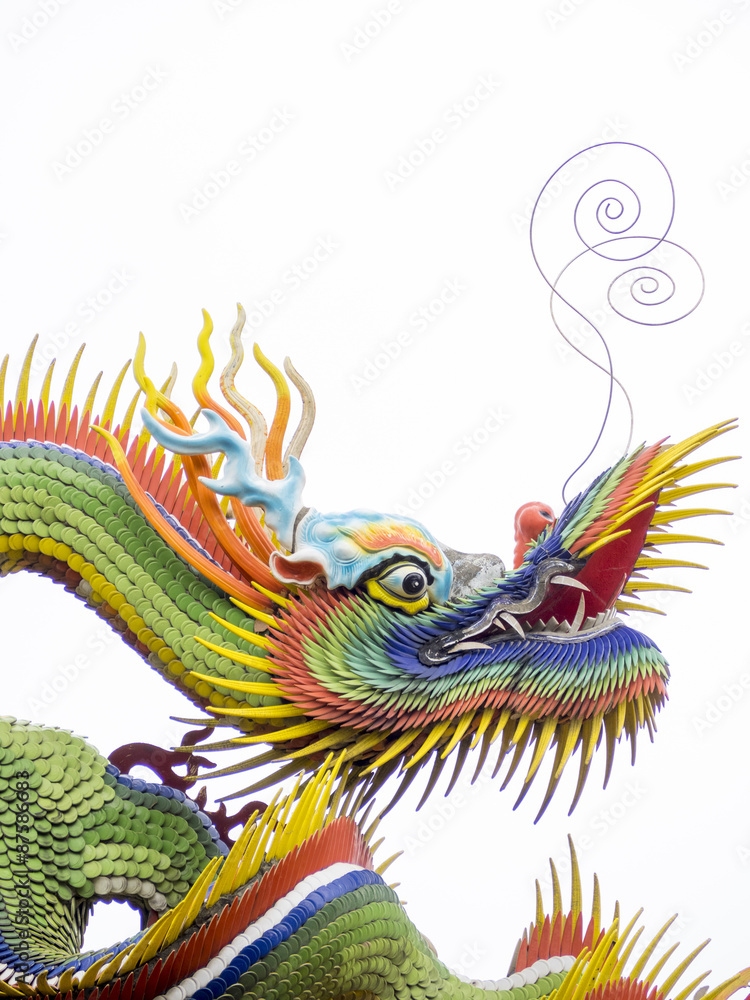a colorful chinese dragon on white background, the dragon have green and yellow flakes with red and yellow fins. the dragon long mustaches point up. a colorful chinese dragon on white background, the dragon have green and yellow flakes with red and yellow fins. the dragon long mustaches point up.