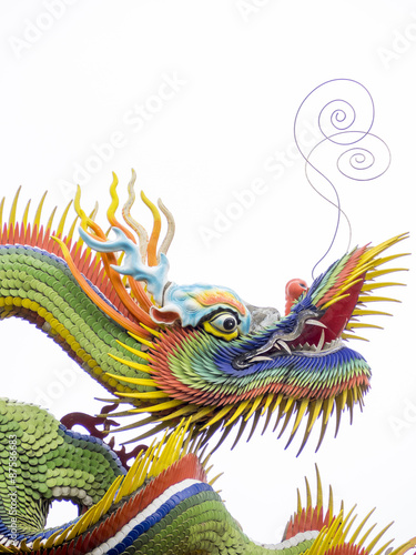 a colorful chinese dragon on white background, the dragon have green and yellow flakes with red and yellow fins. the dragon long mustaches point up.
