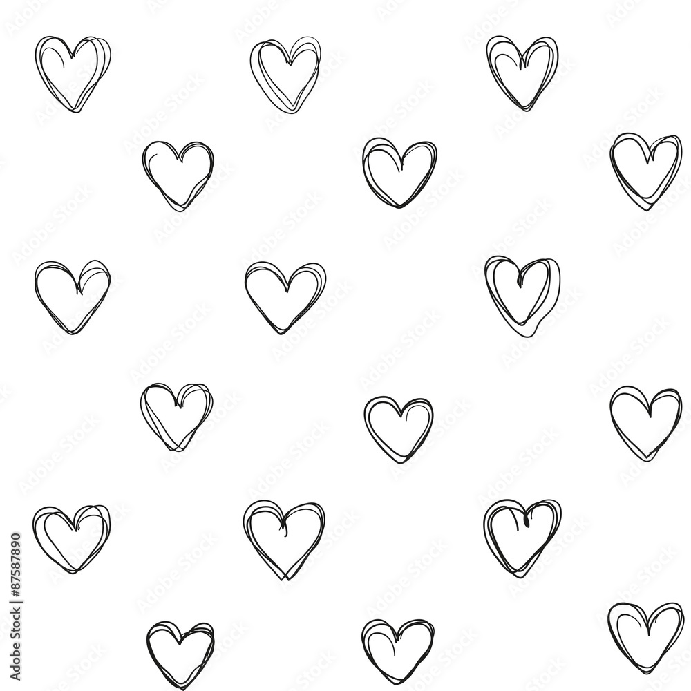 Seamless pattern of abstract big hearts of thin lines on a white
