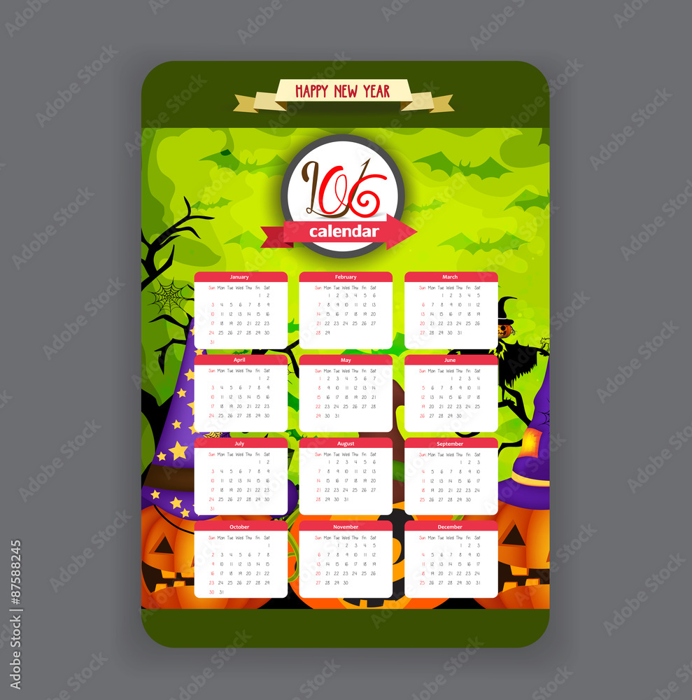 halloween pumpkins green background Calendar 2016 year design