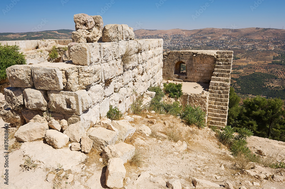 View to the ruins of the Ajloun fortress in Ajloun, Jordan. This ayyubid castle was built in the 12th century, used by crusaders and arabs.