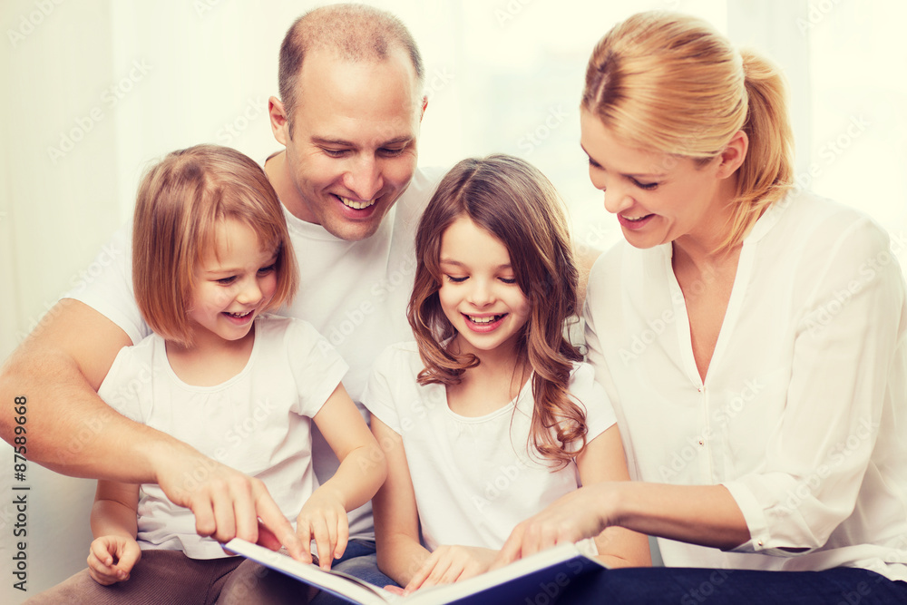 smiling family and two little girls with book smiling family and two little girls with book