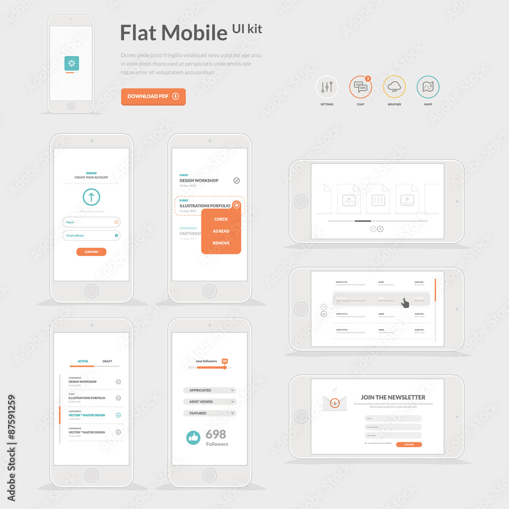 Flat Mobile UI kit template for mobiles and websites