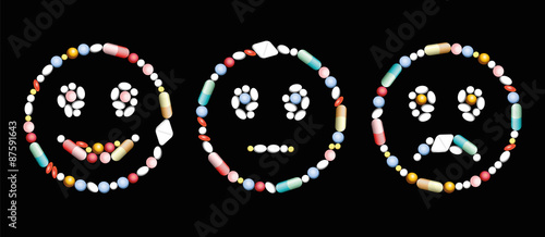 Pills, capsules and tablets, that form a smiling, a neutral and a frowning face, as a positive, neutral and negative symbol concerning medical and pharmaceutical issues. Vector on black background.
