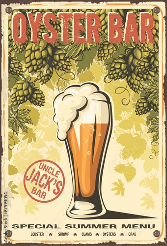 Oyster bar beer hop background grunge poster.