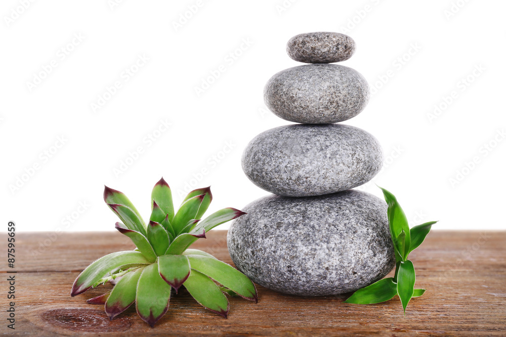Spa stones with succulent on wooden table isolated on white Spa stones with succulent on wooden table isolated on white
